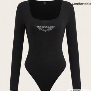 SHEIN Black Long Sleeve Bodysuit with Embellished Detail